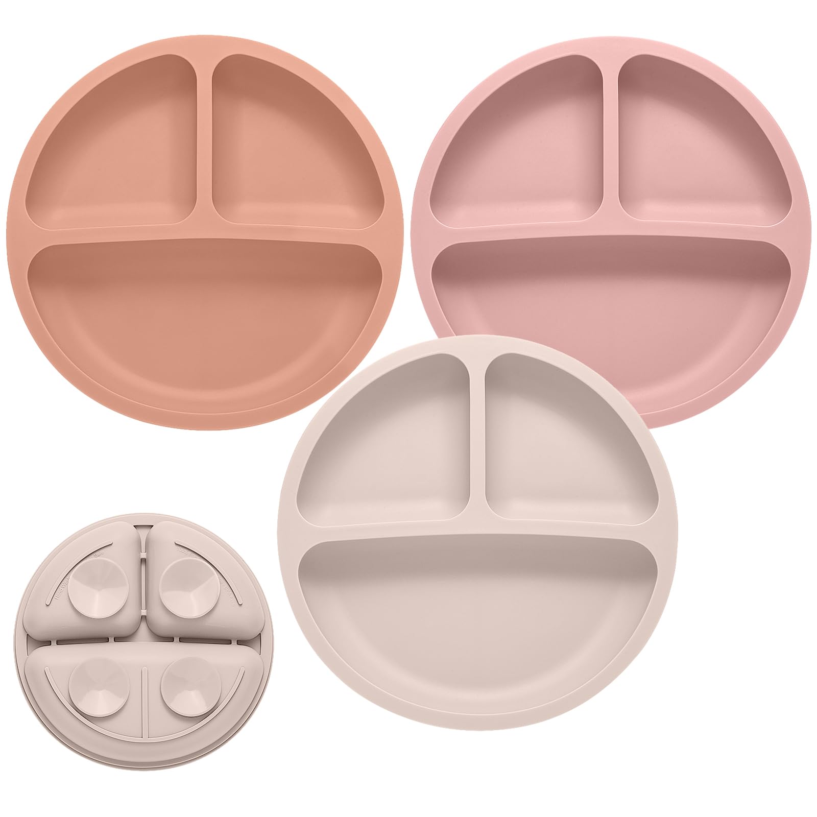 Eascrozn 3-pack divided suction plates in three colors on a highchair tray