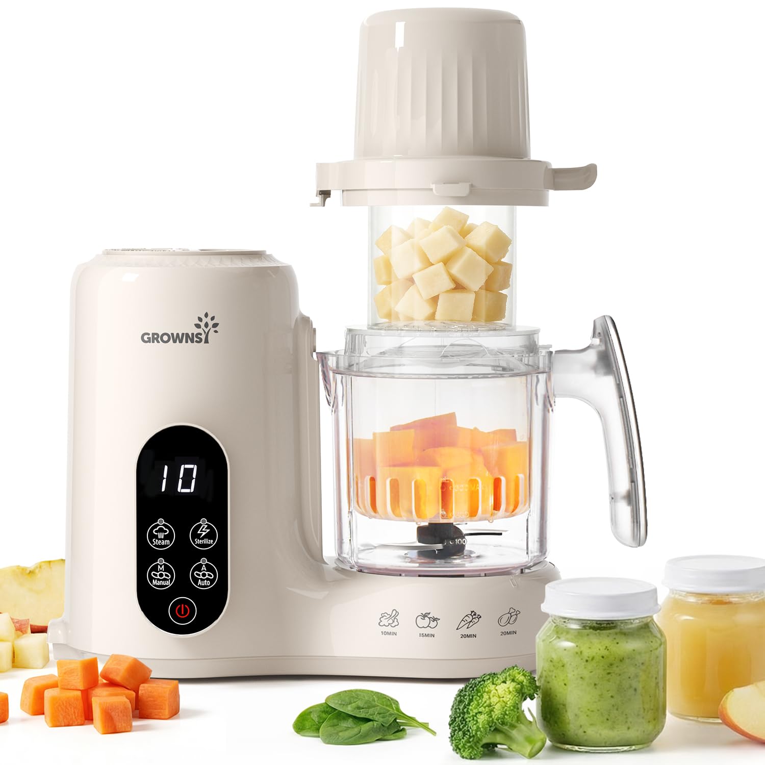 Grownsy Baby Food Maker with dual-layer steam basket in cream finish