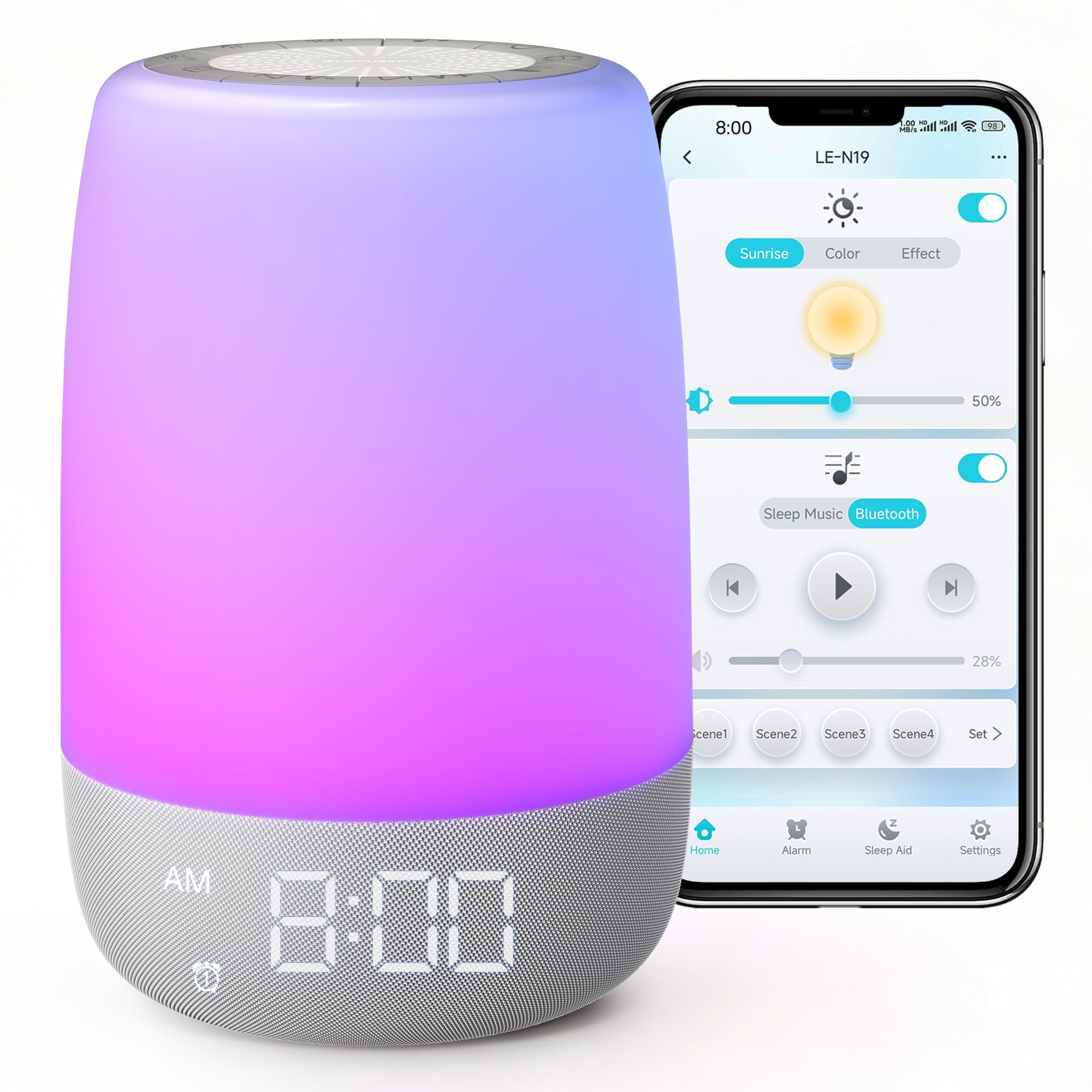 Glocusent white noise sound machine with sunrise alarm and ambient light on a bedside table