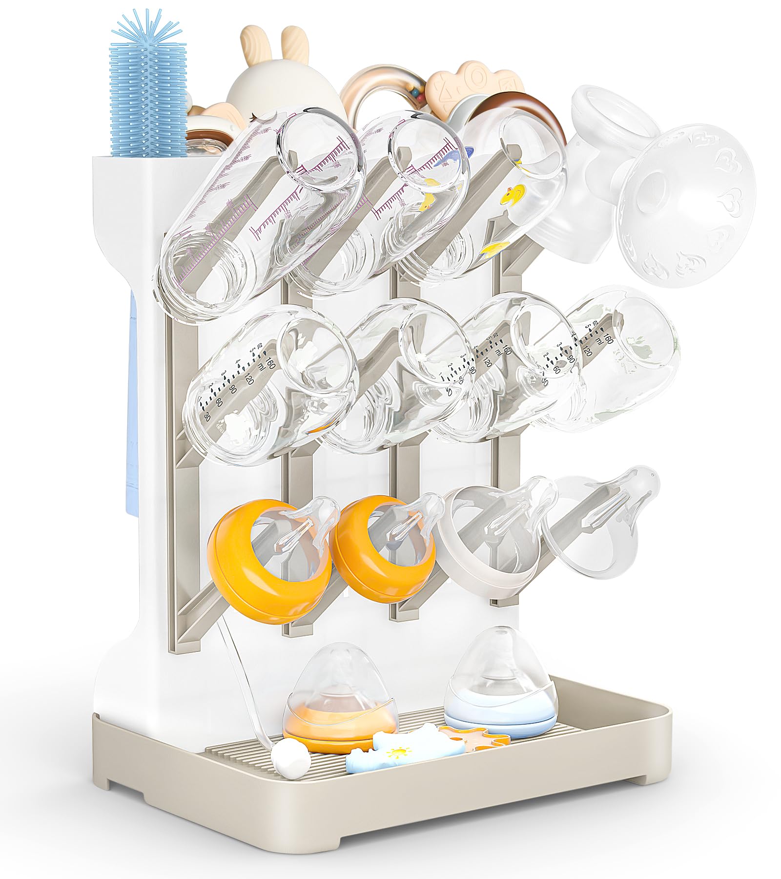 GoMaihe Baby Bottle Drying Rack in Beige on a kitchen countertop holding bottles and accessories