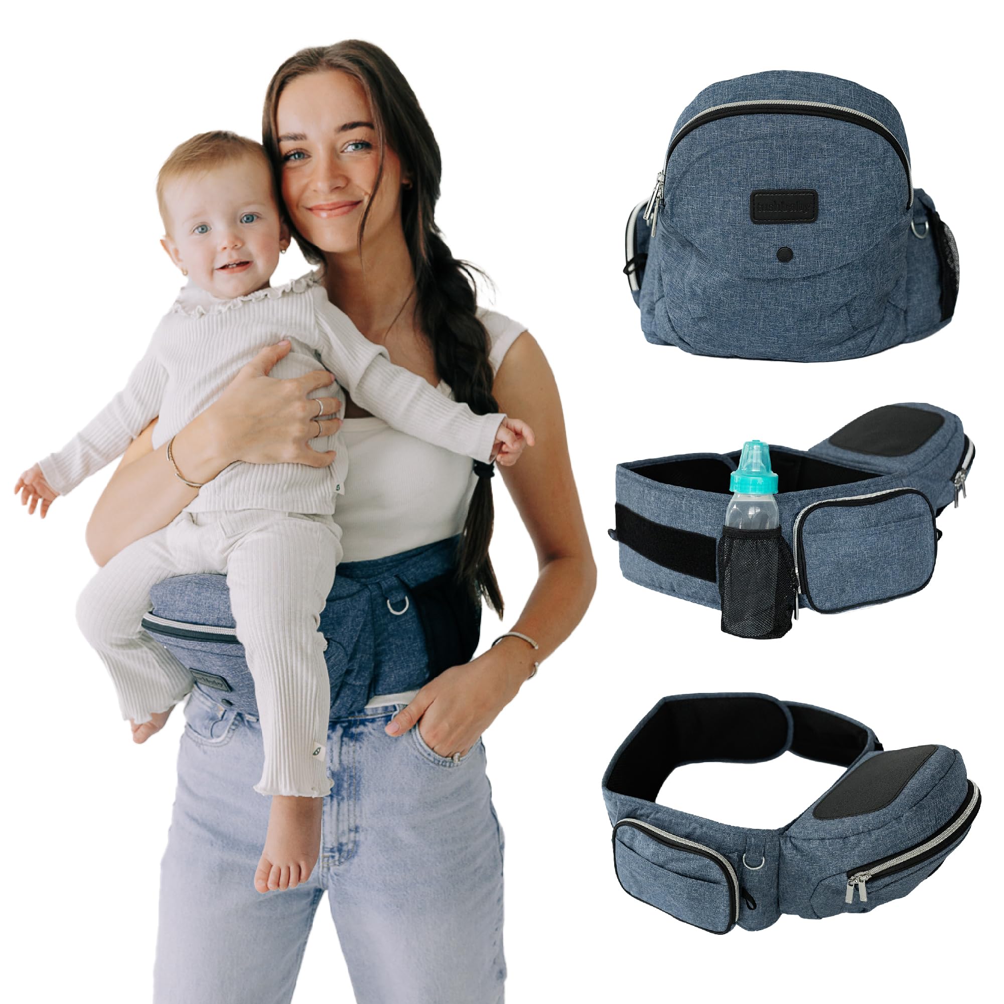 Tushbaby hip seat carrier with storage pockets and lumbar support