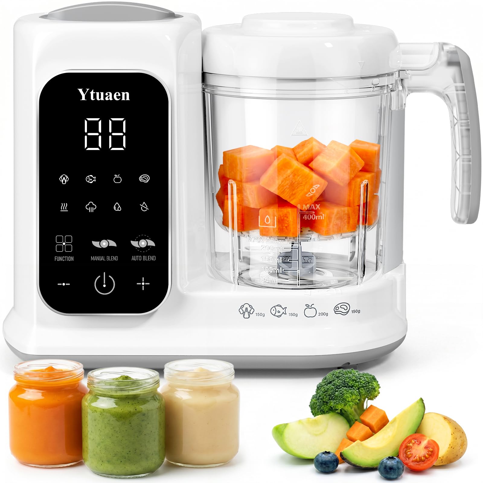 Ytuaen Baby Food Maker with large steam basket and blender cup on countertop