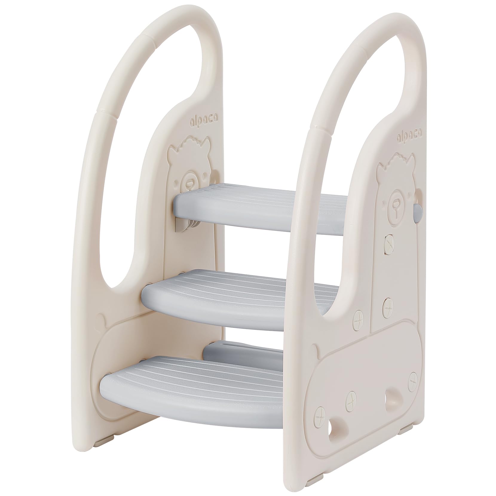 Onasti Toddler 3 Step Stool in grey and white standing next to a kitchen counter