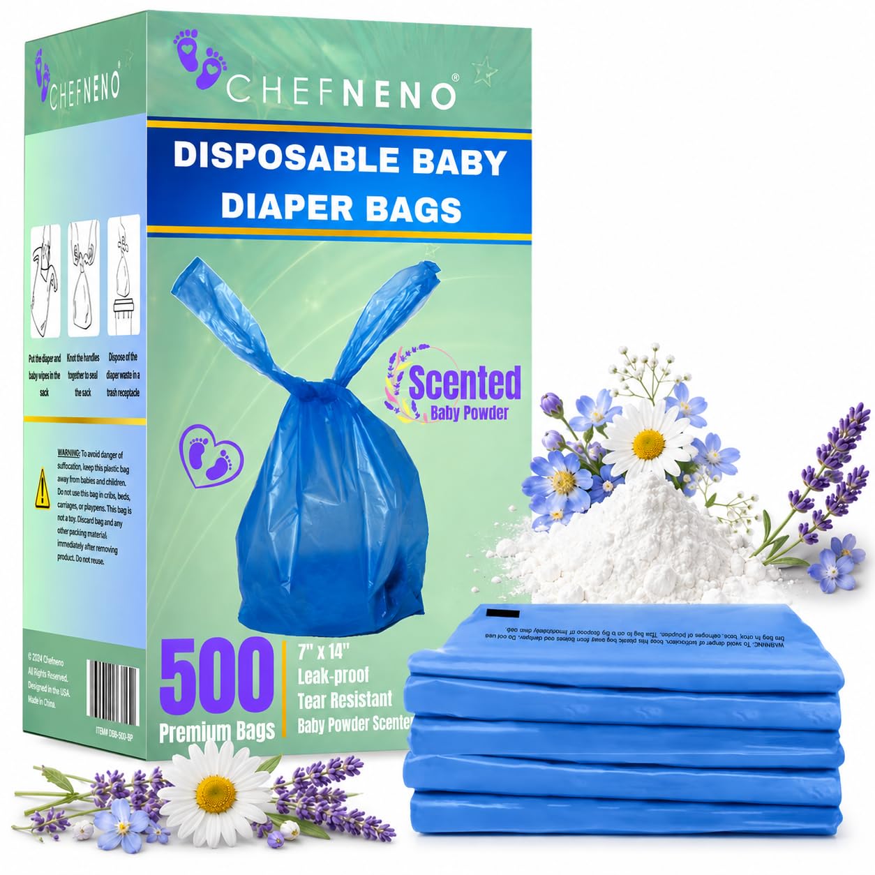 CHEFNENO Baby Disposable Diaper Bags 500 count blue easy-tie scented sacks