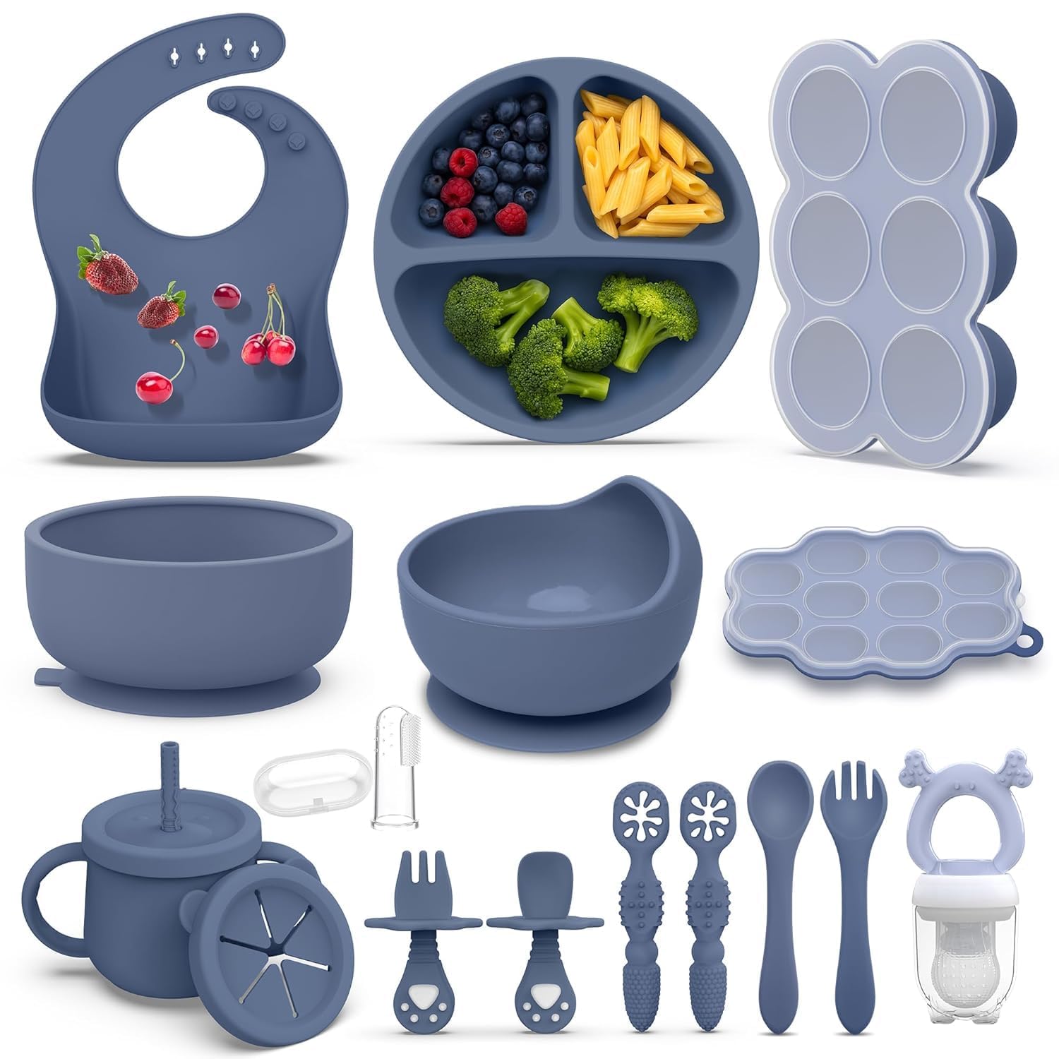 Hepotk 16-piece silicone baby feeding set with suction bowls, divided plate, spoons, forks, sippy cup, and bib